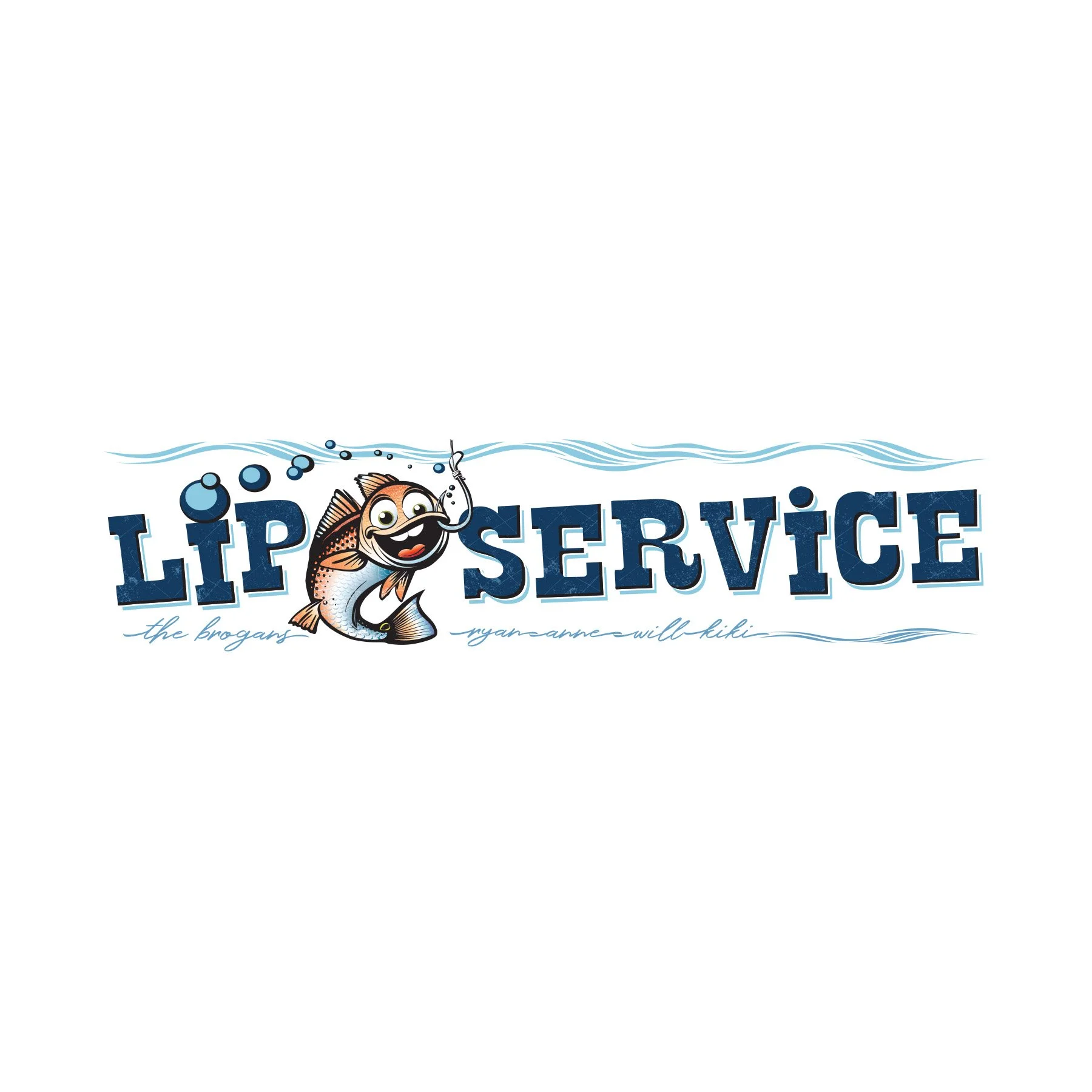 Graphic with the text 'Lip Service' featuring a smiling cartoon fish holding a fishing rod. The fish has a happy expression and is surrounded by water waves.