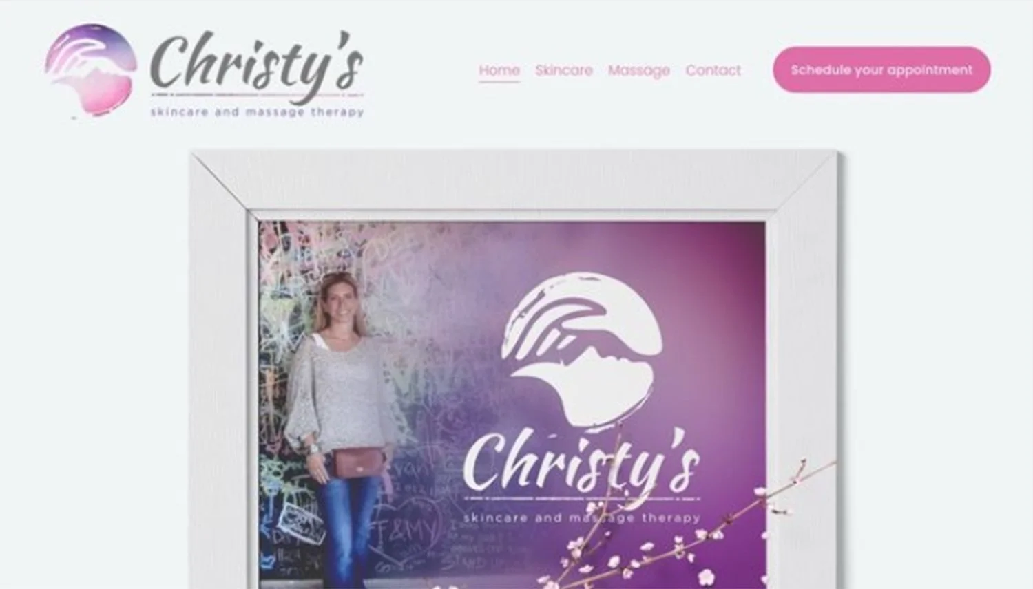Website homepage for Christy's Skincare and Massage Therapy, featuring a logo with a hand and leaf, a woman standing in front of a purple background with the business name, and navigation links for Home, Skincare, Massage, Contact, and a pink button to schedule an appointment.