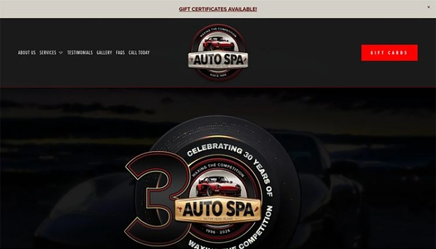 Website homepage celebrating 30 years of Auto Spa with a logo featuring a red sports car, event details, and a call-to-action for gift certificates.