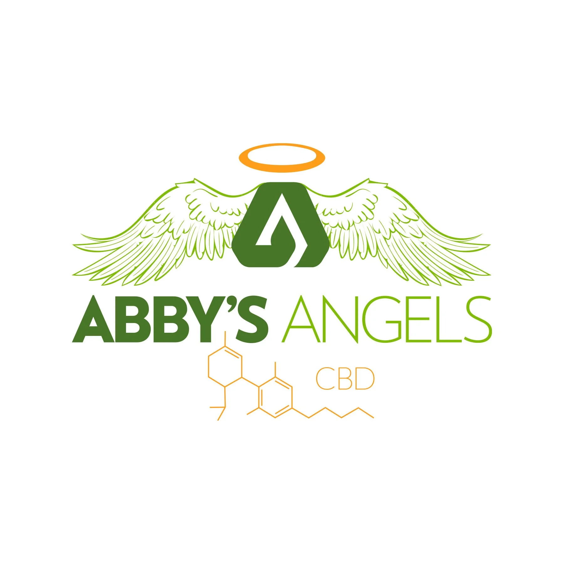 Logo for Abby's Angels with a stylized angel figure featuring a green letter A, angel wings, and a halo, along with chemical structures and the text 'CBD' underneath.