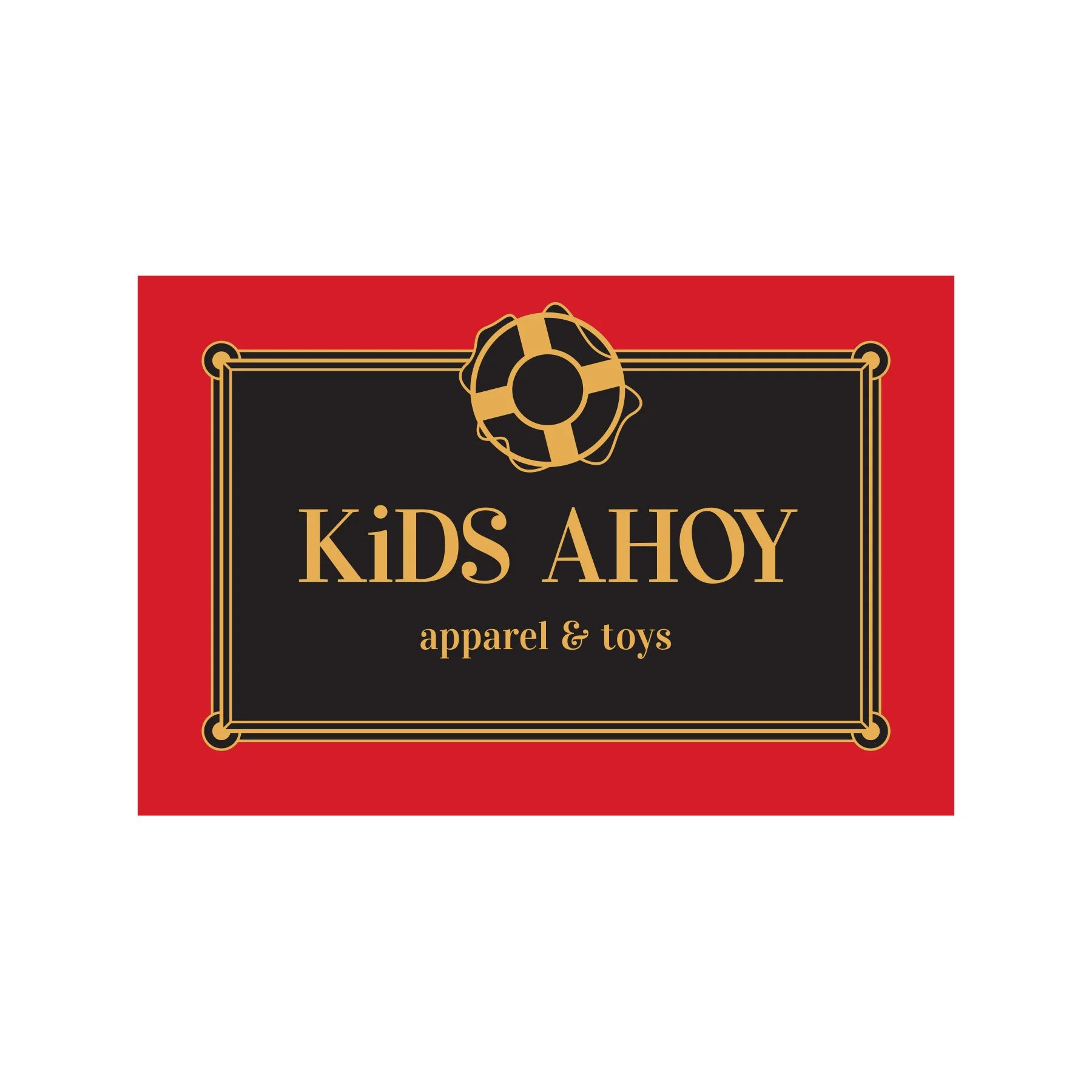 A logo for Kids Ahoj featuring a black background with tan text and a circle in the center that resembles a life preserver, with a red border around the logo and the words "apparel & toys" below.