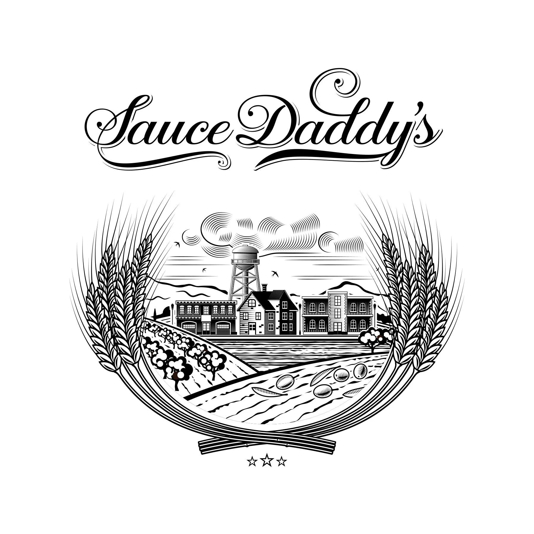 Black and white illustration of a town with a water tower, farms, fields, and trees, framed by wheat stalks and with the words 'Sauce Daddy's' in ornate cursive font above.