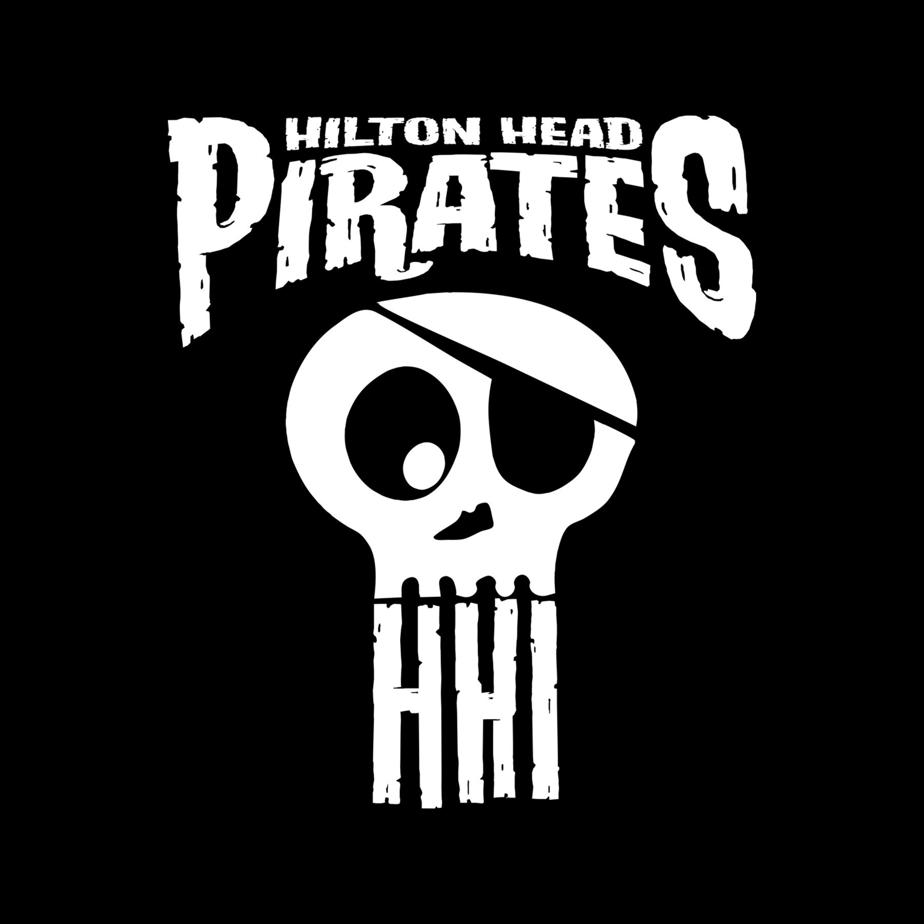 Black background with white text reading "Hilton Head Pirates" above a stylized pirate skull with a wide eye patch and skeletal chest with crossbones.