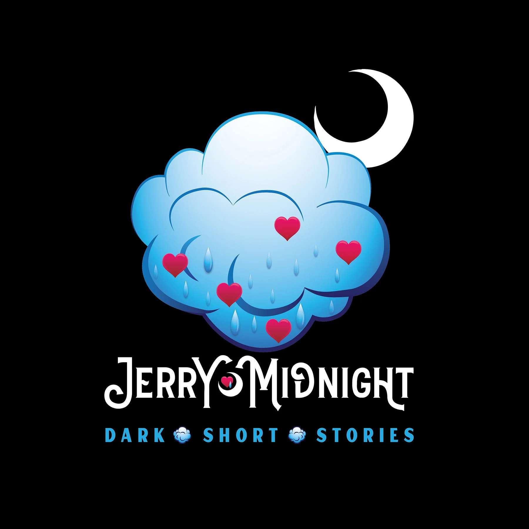 Dark background with a stylized blue cloud with pink hearts and blue raindrops, a crescent moon, and the text 'JERRY MIDNIGHT DARK SHORT STORIES' with additional text 'DARK SHORT STORIES' underneath.