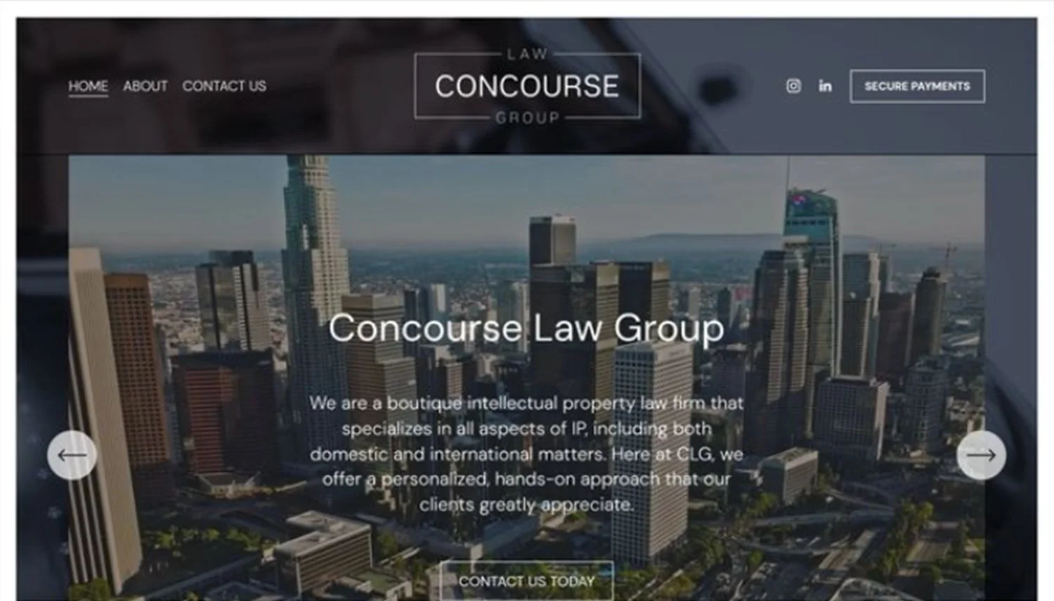 Screenshot of a website homepage for Concourse Law Group showing a city skyline with skyscrapers, the website's logo, menu options, social media icons, and a call-to-action button.