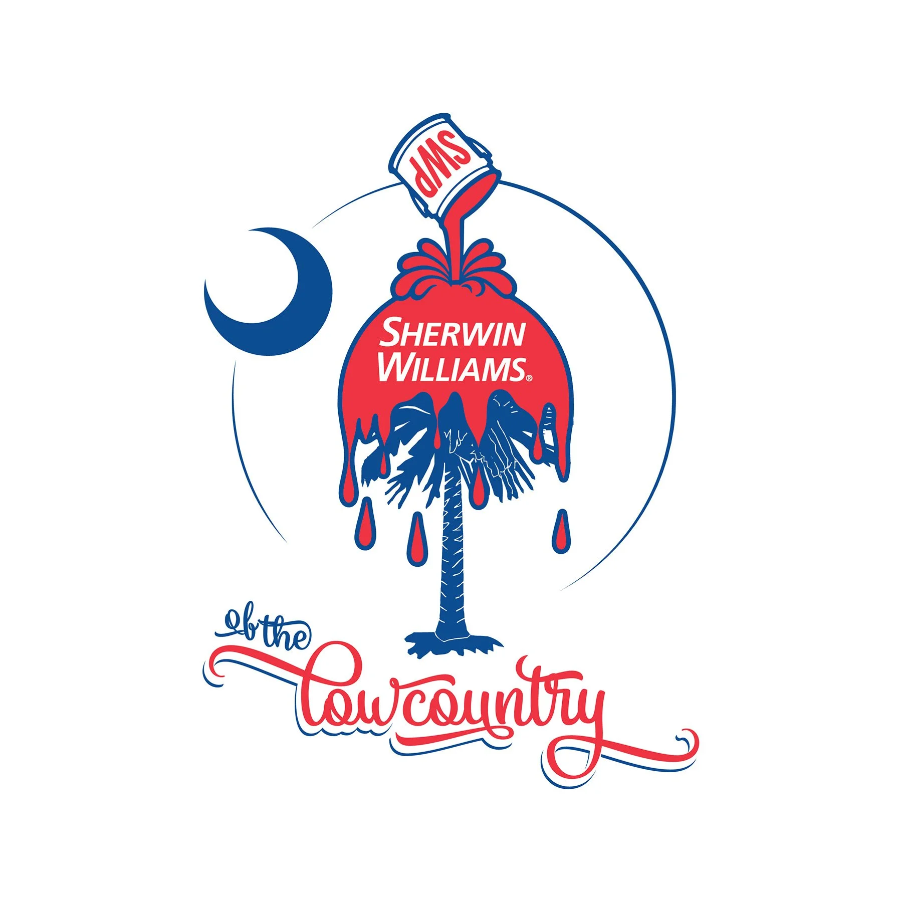Illustration of a tall oak tree with a blue crescent moon to the left and red dripping paint, bearing the logo of Sherwin Williams paint, and text that reads 'Welcome to the Lowcountry' in red and blue cursive.