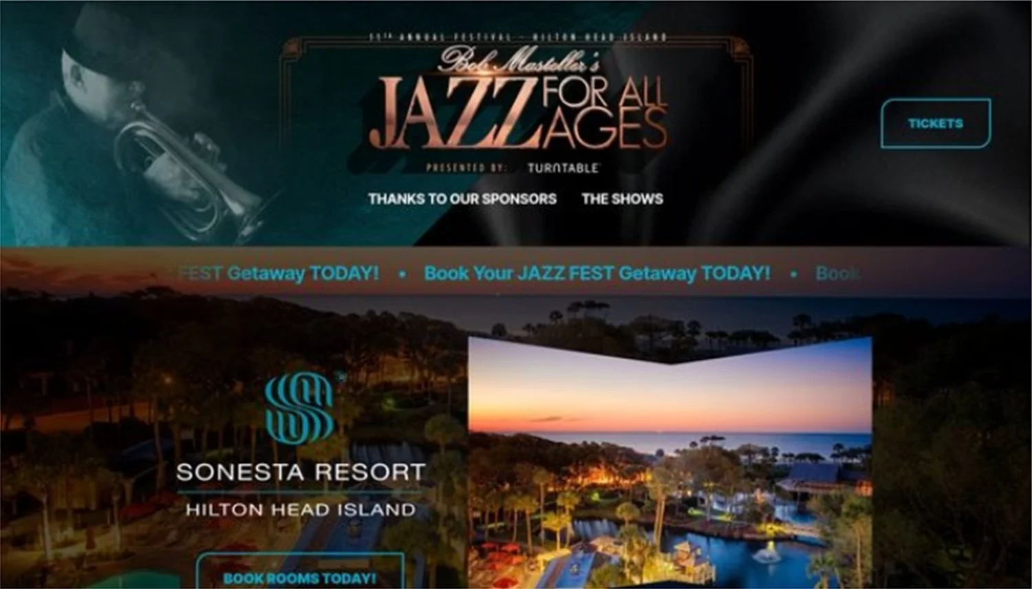 Webpage for a jazz festival called 'Bob Masella's Jazz for All Ages' with a background photo of a trumpet player and scenic views of Sonesta Resort at Hilton Head Island, featuring a sunset over the water.