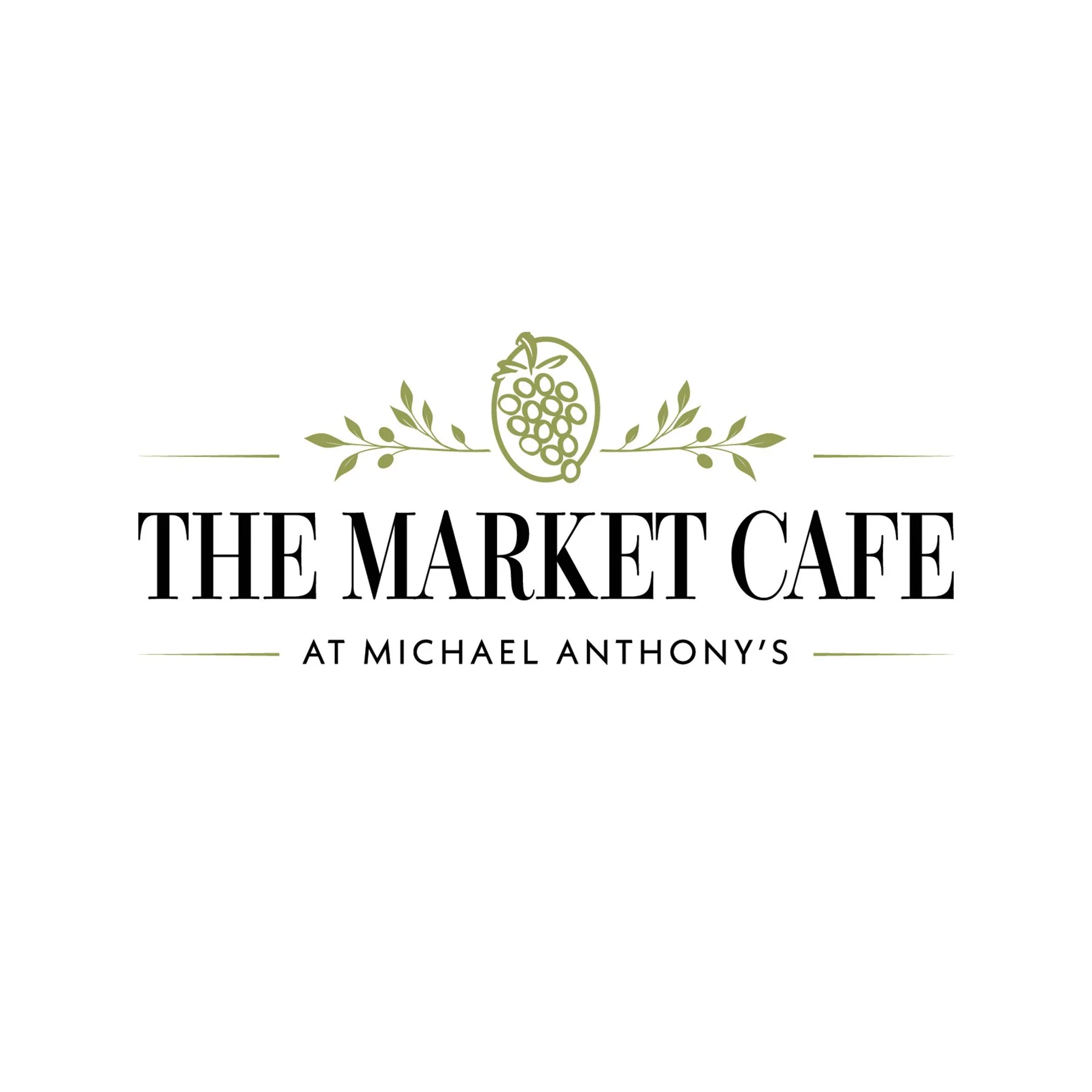 Logo for The Market Cafe at Michael Anthony's with a stylized coffee bean and olive branch motif