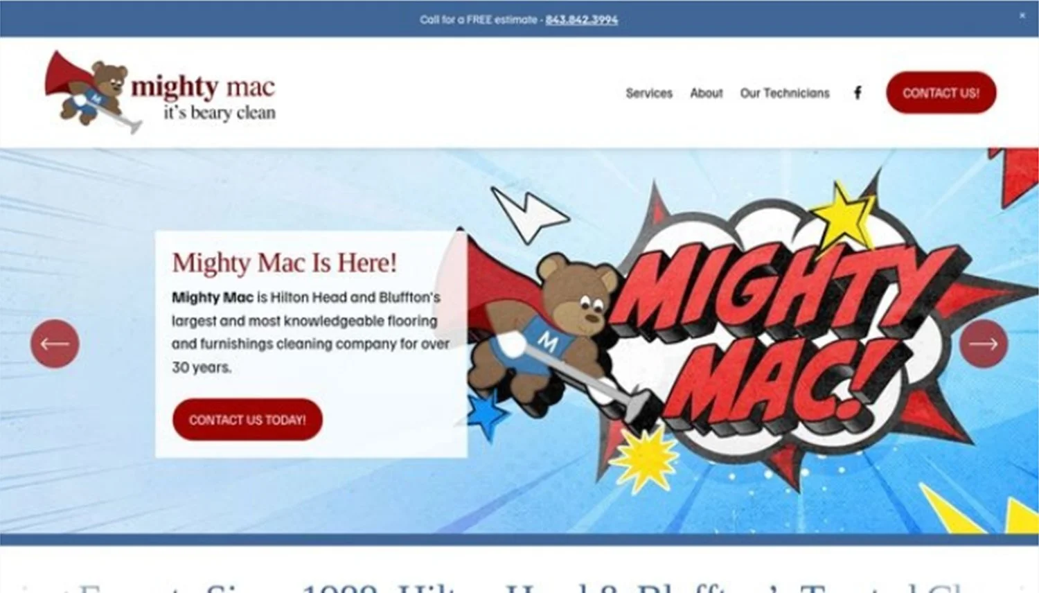 Website homepage for Mighty Mac cleaning company featuring a cartoon bear with a cape, comic book style graphics, and bold red text saying "Mighty Mac!"