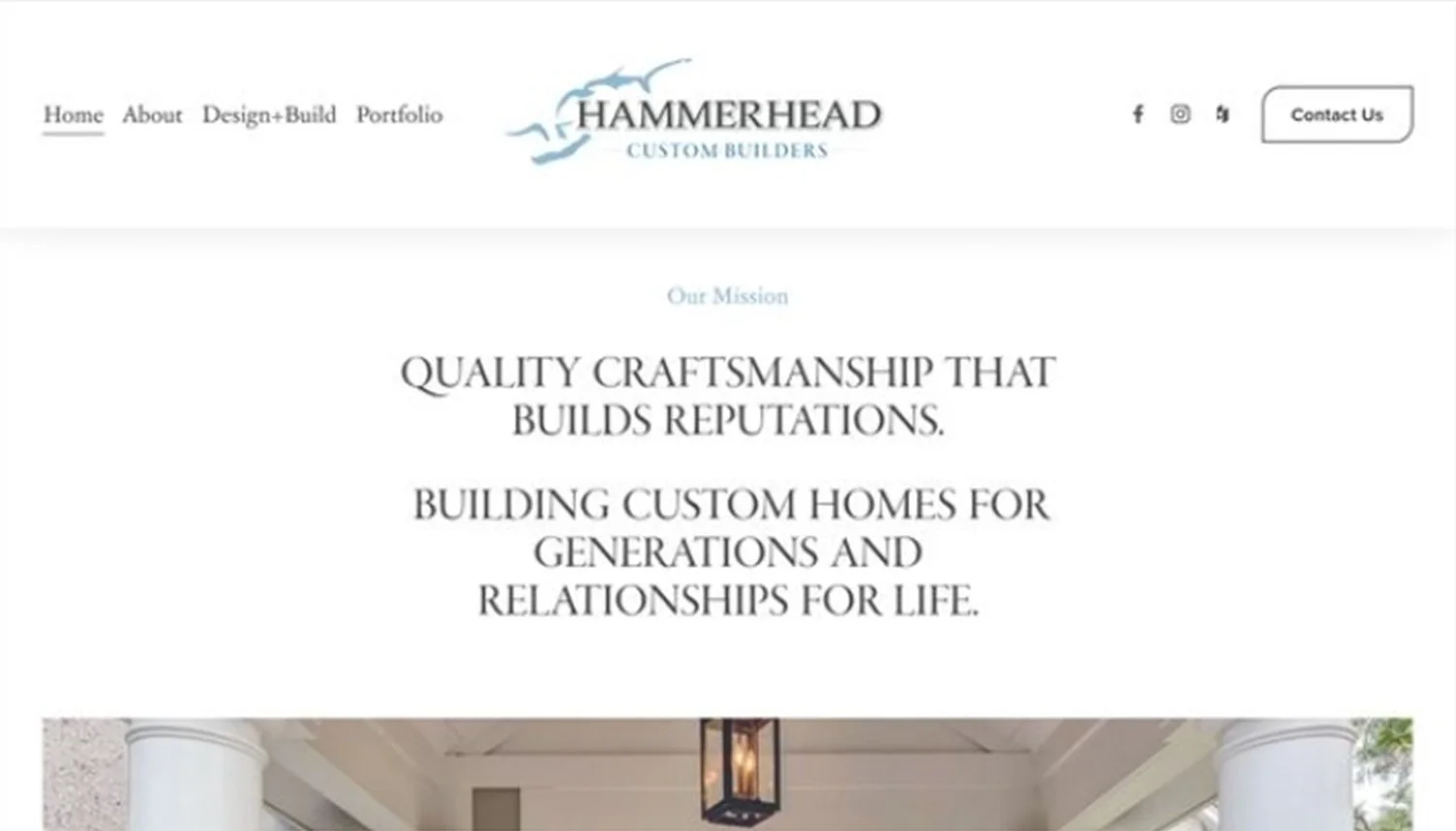 Screenshot of a website homepage for Hammerhead Custom Builders, featuring navigation links, social media icons, a contact button, and a mission statement about quality craftsmanship and building custom homes.