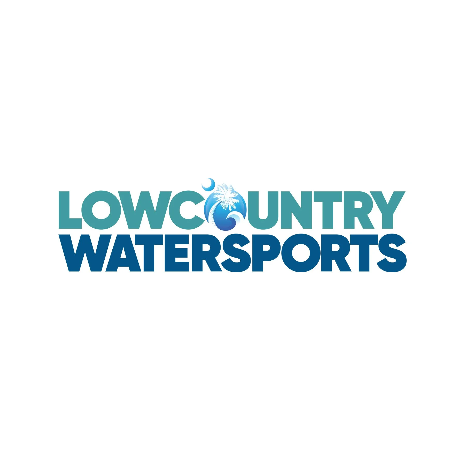 Logo for Lowcountry Watersports with a tropical theme, featuring a palm tree, wave, and nautical elements in shades of blue.