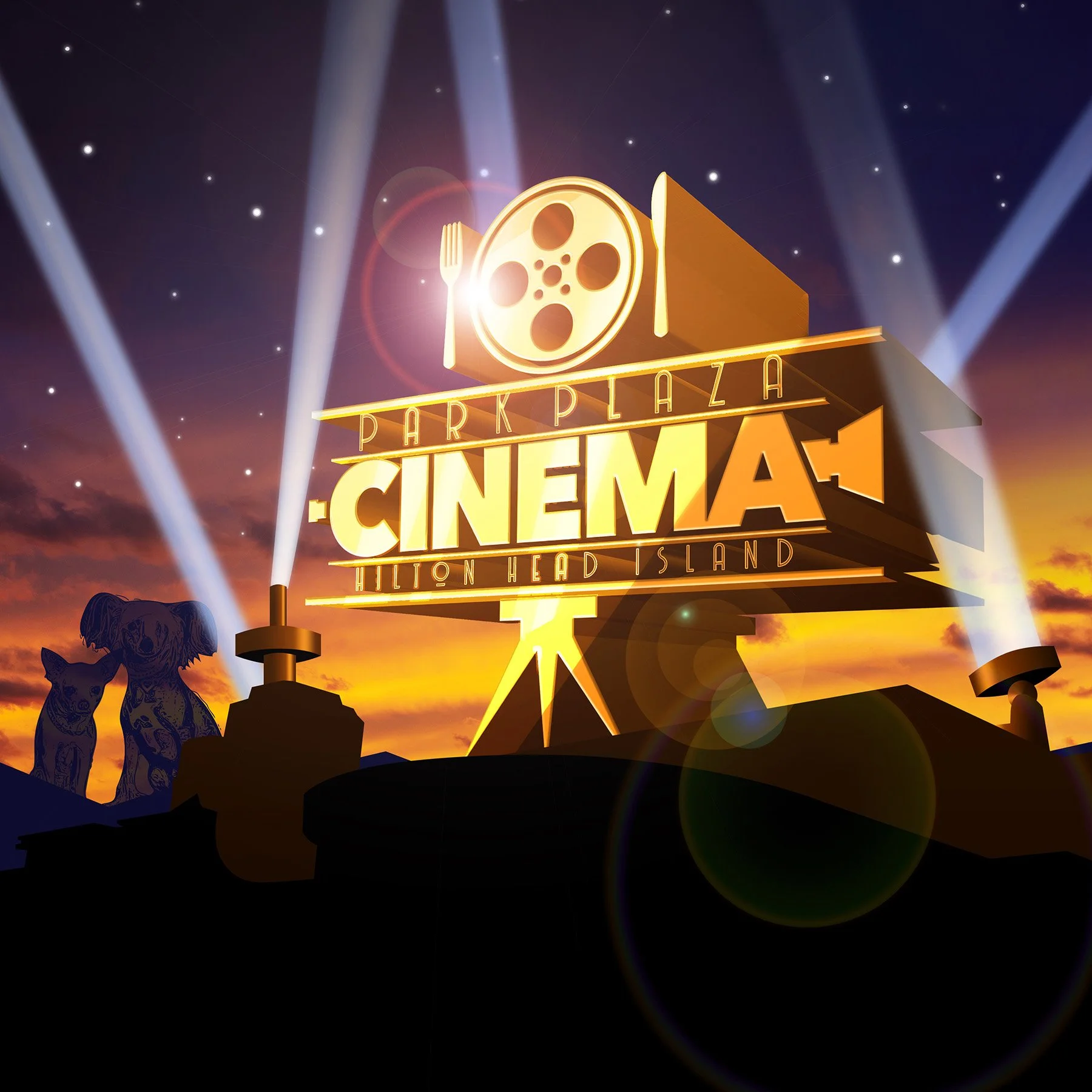 A golden sign with the words "Park Plaza Cinema" in vintage style, with a film reel and dining utensils on top, set against a sunset sky with spotlights and starry background, at Hilton Head Island.