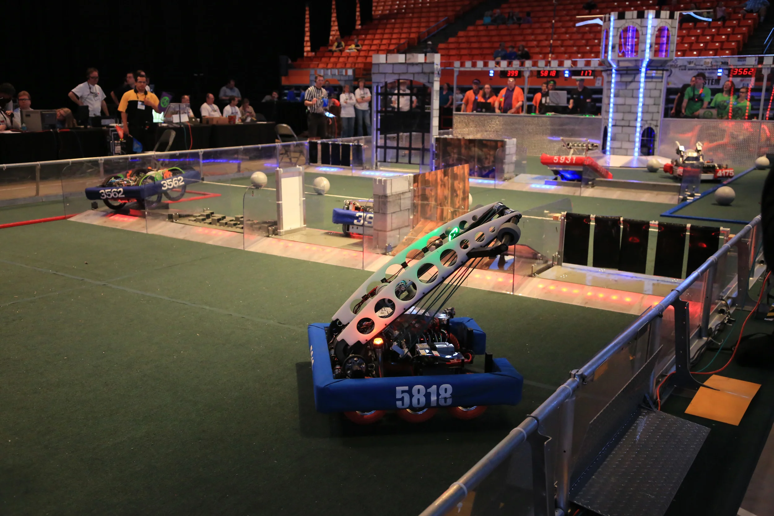 Team 5818's robot on the FIRST Stronghold field at the 2016 FRC Idaho Regional