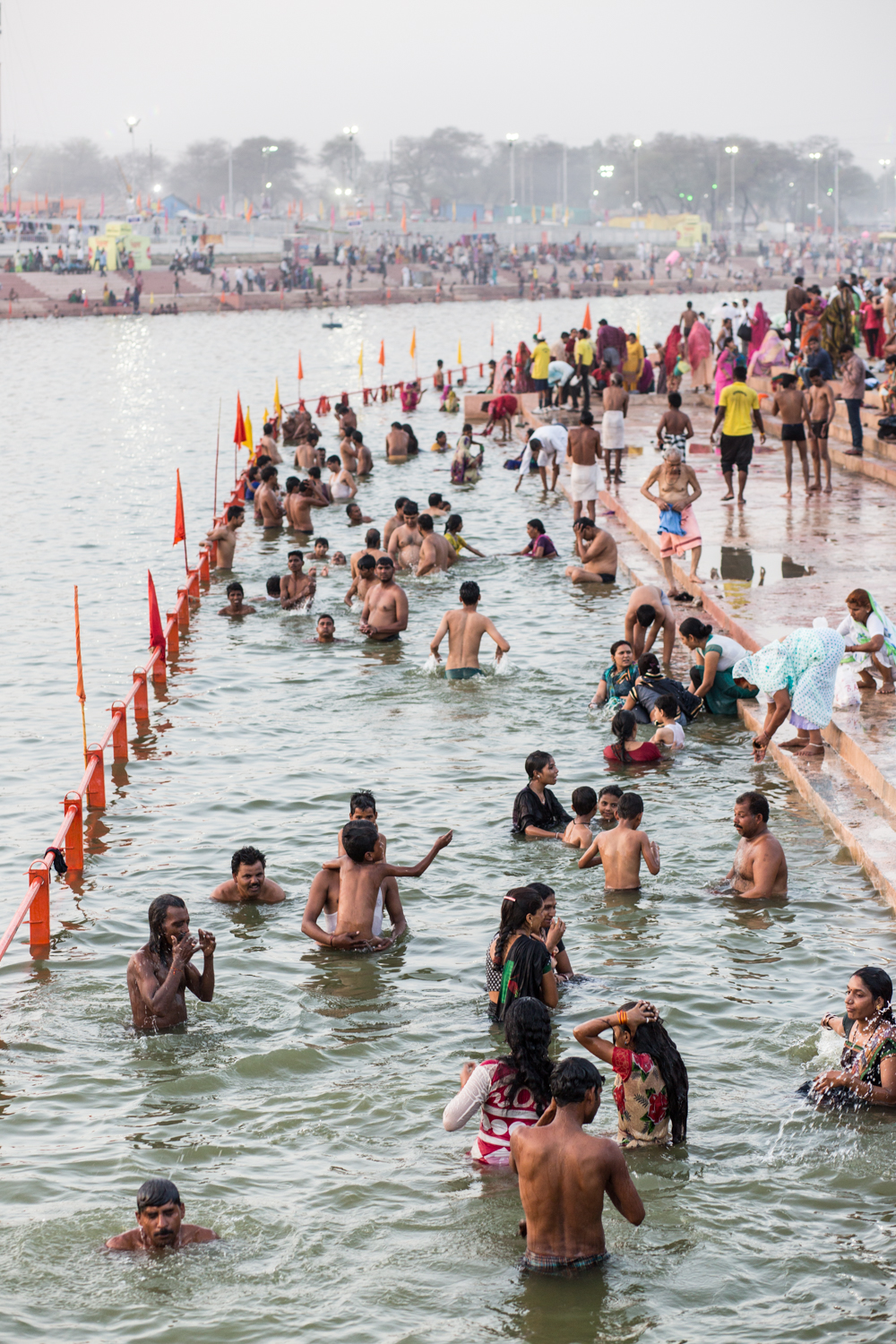 Kumbh Mela visitors in the Shipra River. An estimated 70 millions visitors came to bathe in the Shipra during the month long festival.