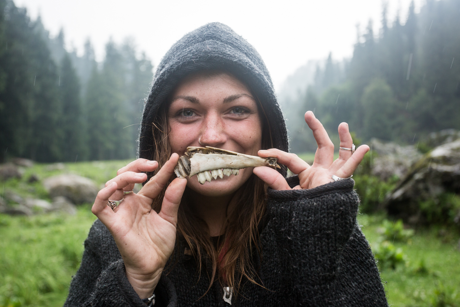 Amelie posing with a bovine jawbone. 