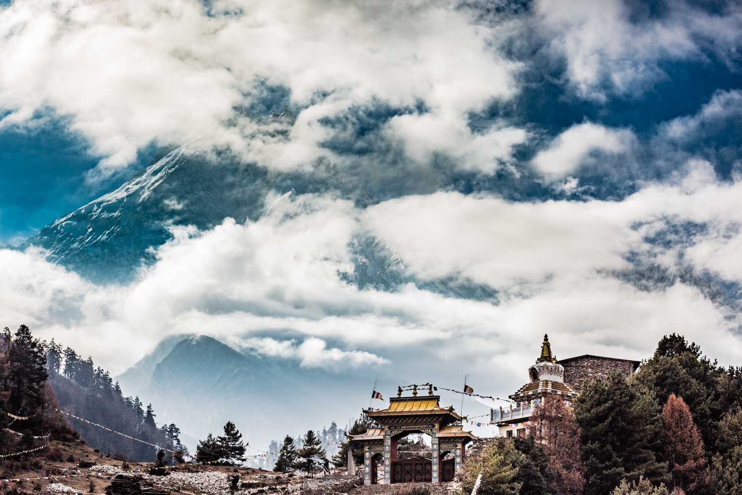 Ribum, a Buddhist monastery, is perched against the backdrop of Manaslu. Most of the ethnicities in the Manaslu Conservation are Buddhist.