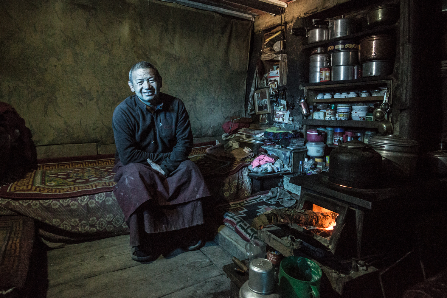 Chewang Do-do (spelled phonetically), a monk photographed in his quarters at the 111 year-old Mu Gompa Monastery (3700m), a day's walk from the Tibetan border. 