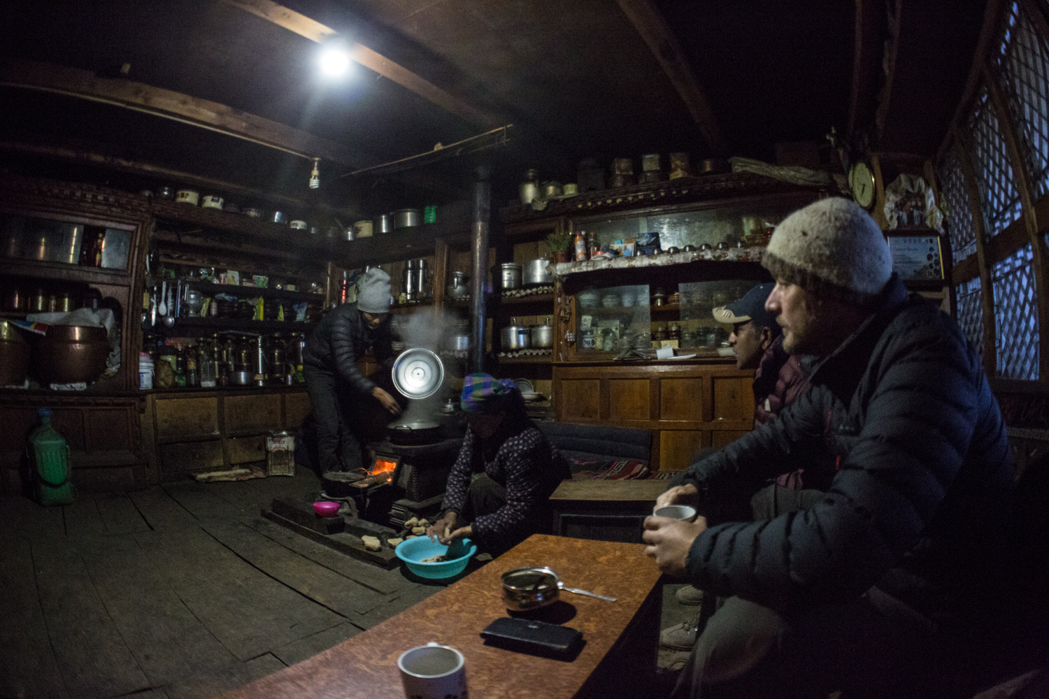 Anticipating our breakfast of thenthuk -- a traditional Tibetan pulled noodle soup -- at our guesthouse in Nile. 