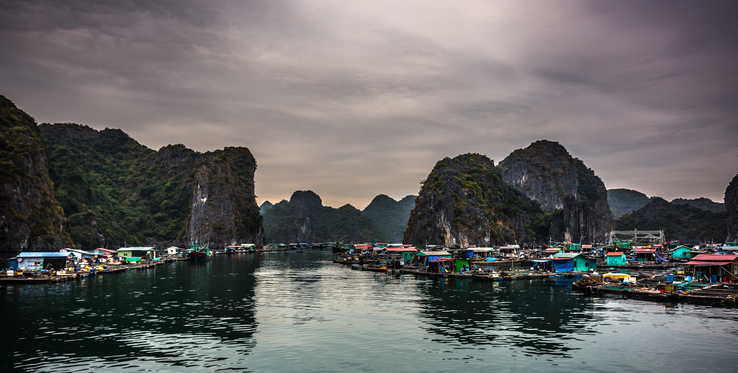 Floating fishing village near Cat Ba Island. 