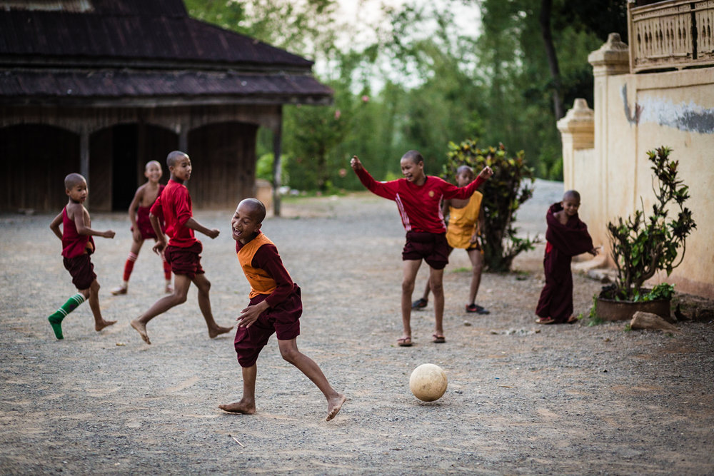  Young monks playing soccer at the Htee Their village monastery, where we spent our last night.&nbsp; 