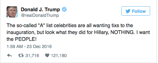 The President Elect has previously expressed distress at the number of celebrities who have refused to perform at his ceremony.