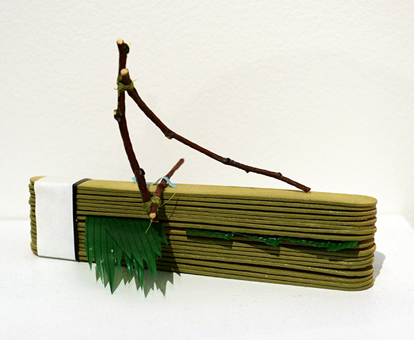 THIS IS A STORY ABOUT BALANCE Popsicle sticks, branch, sushi grass, thread, paint 2014 3'' x 2.5'' x 1''