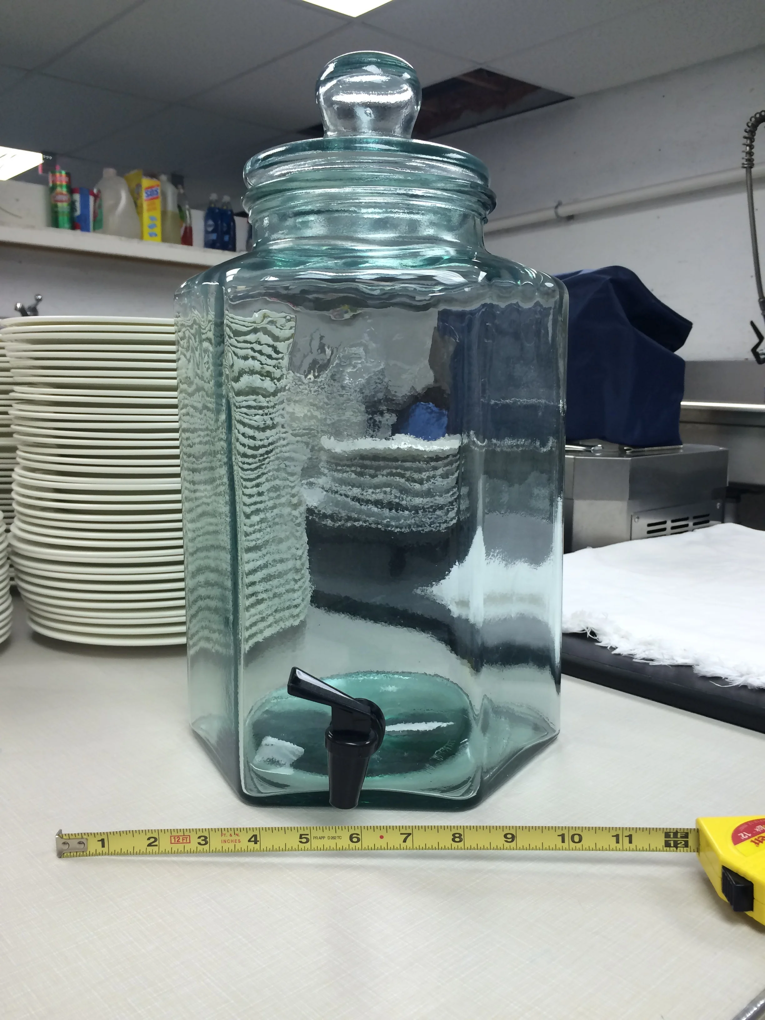 3 Gallon Glass DispenserHeight 13 1/2" Width 10" &nbsp;Top Opening 5"$25.00