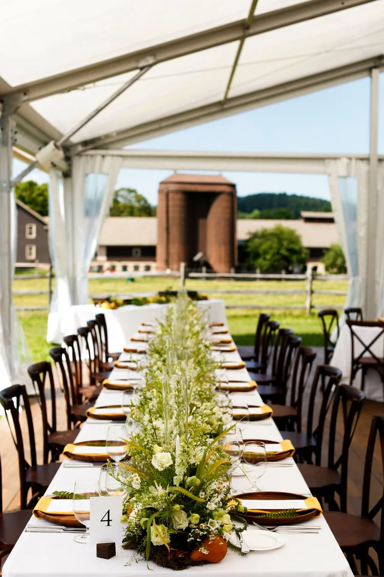 Clear top wedding tent overlooking the barns at Billings Farm in Woodstock VT