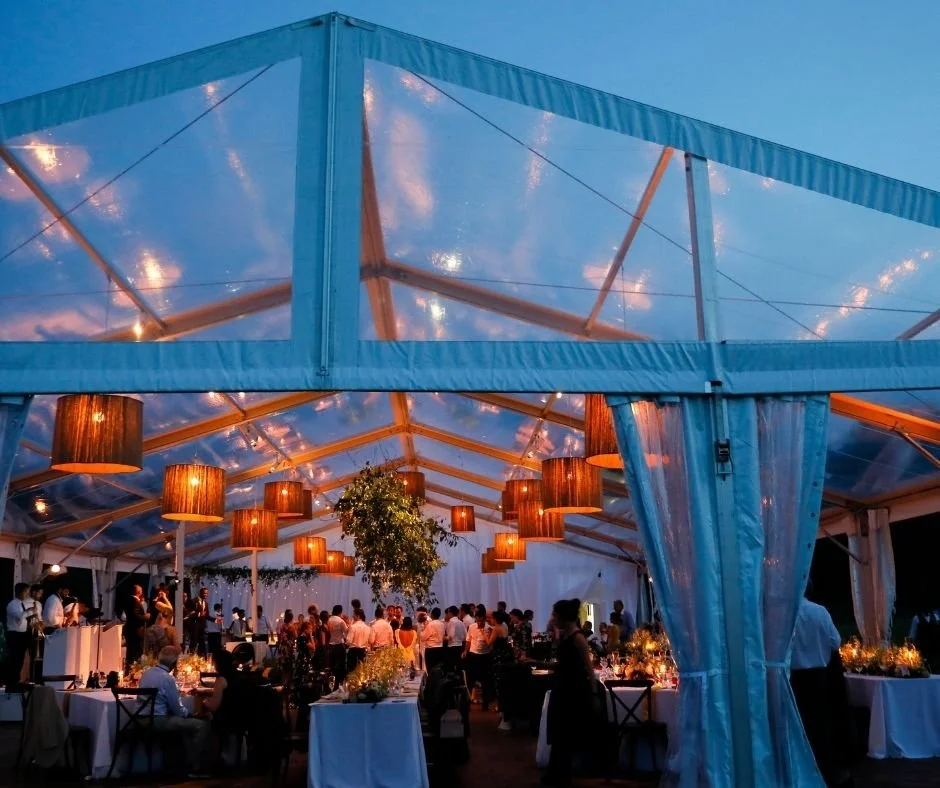 Wedding tent with beautiful lights and decorations