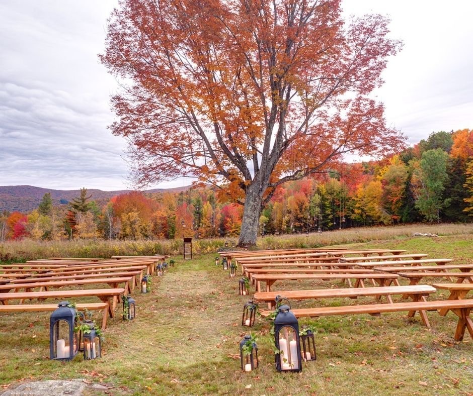 Benches and lights beautifully arranged for a wedding in Vermont