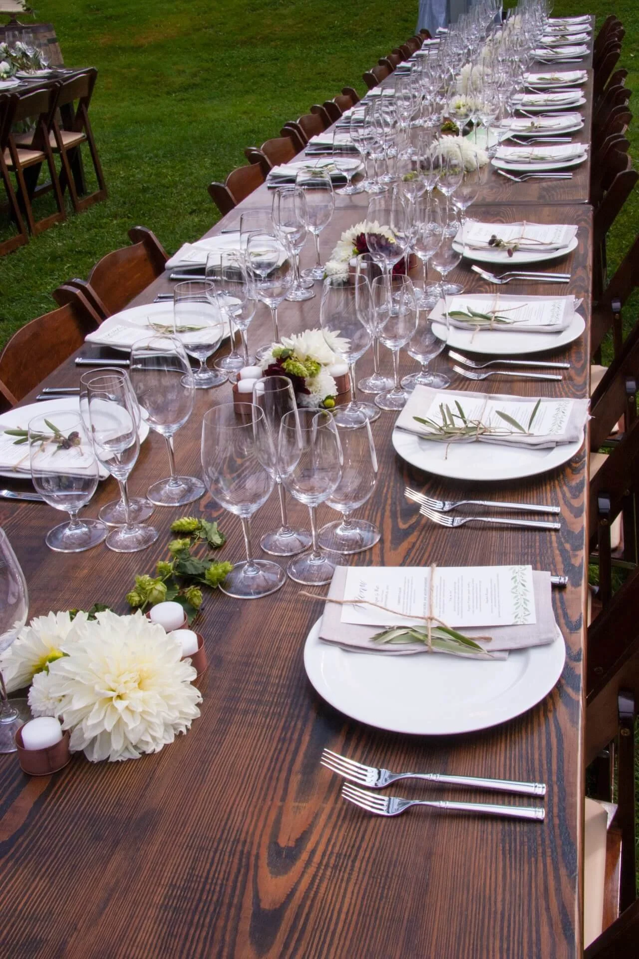 8 ft barn board farm table rental for Vermont luxury wedding reception.