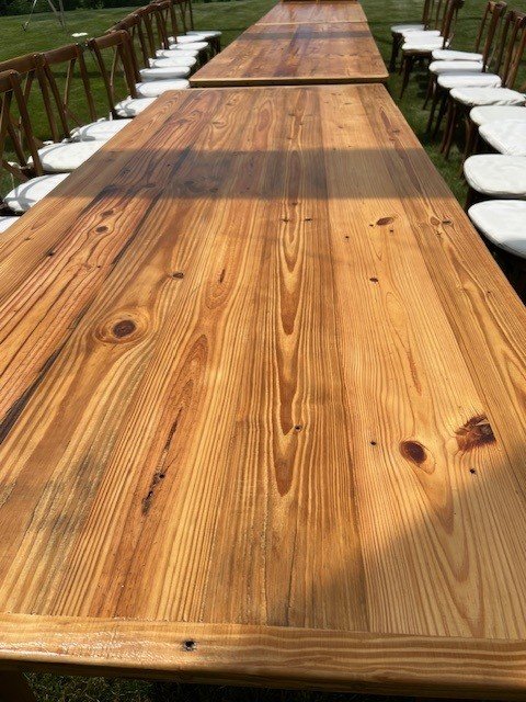 Light stain farm table with patina