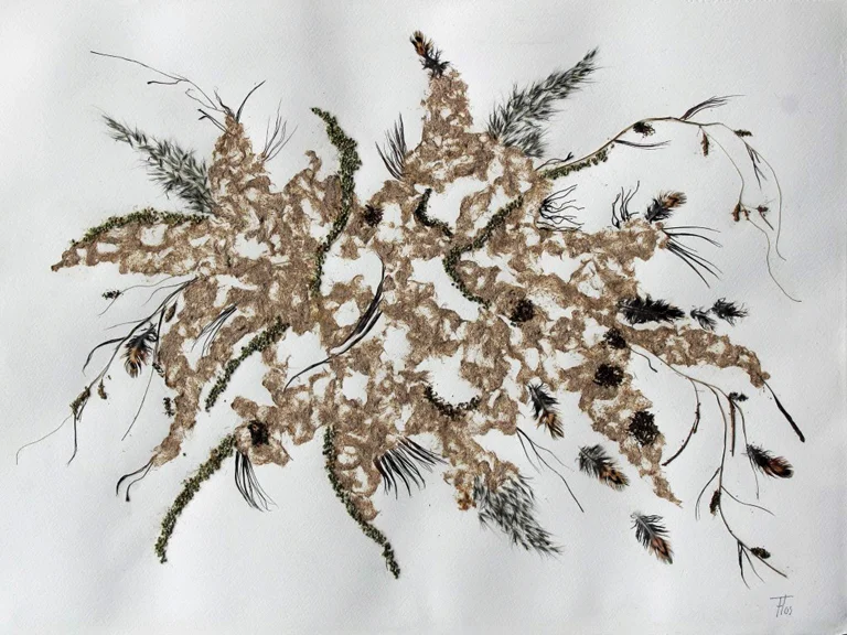  017 Serie: Kruisbestuiving 10 - (50x65cm) tuinmaterialen, (veertjes, plantenworteltjes van tijdelijke woonplek in Doornspijk), lijm 