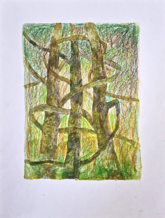 2023 serie: Zelfbescherming - (32x24cm)  aquarelverf, kleurpotlood op 300 gr aquarelpap