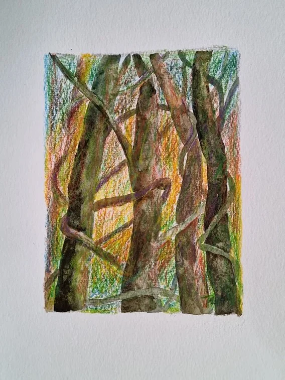 2023 serie: Zelfbescherming - (32x24cm)  aquarelverf, kleurpotlood op 300 gr aquarelpap