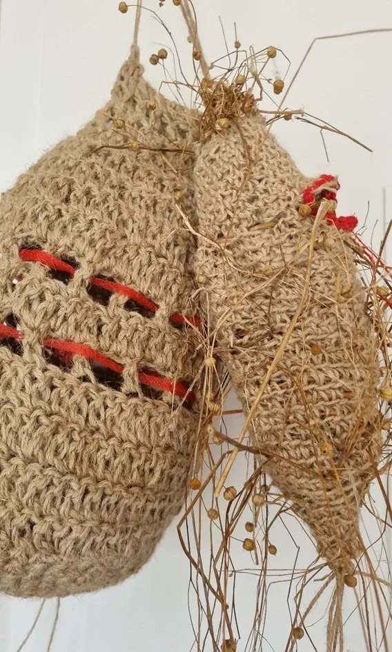 026 Imperfecte nestvorm - 2x (40cm, 30x10cm) jute touw, nylon, jute touw, vlas, rood garen