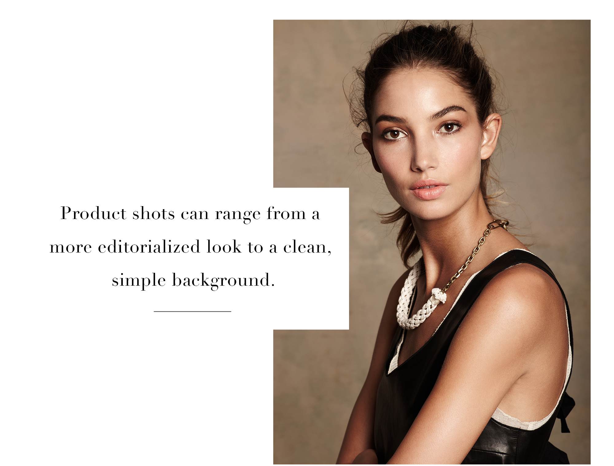 editorialized product photography for vogue magazine of model with leather top and necklace shot on a canvas background
