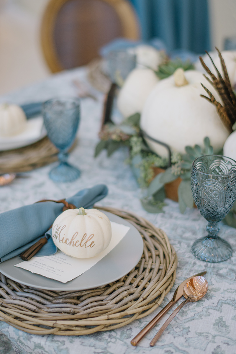 Harvest Inspired Thanksgiving Table | Thanksgiving Decor | Dusty Blue and Gray Thanksgiving | Pumpkin Decor | Michelle Leo Events | Utah Event Planner and Designer | Heather Nan Photography 