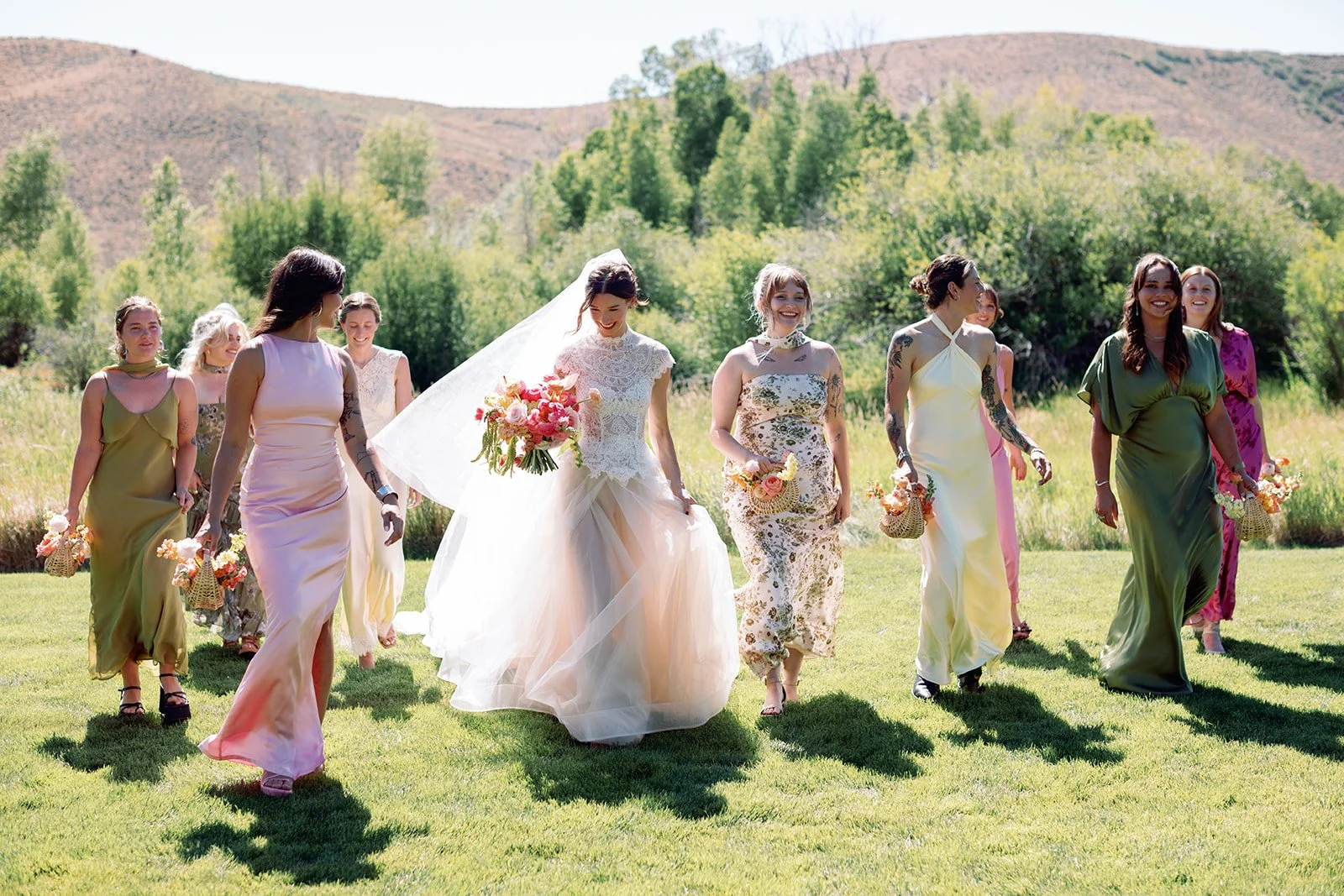Bride and wedding party walking together during a thoughtfully planned wedding day.