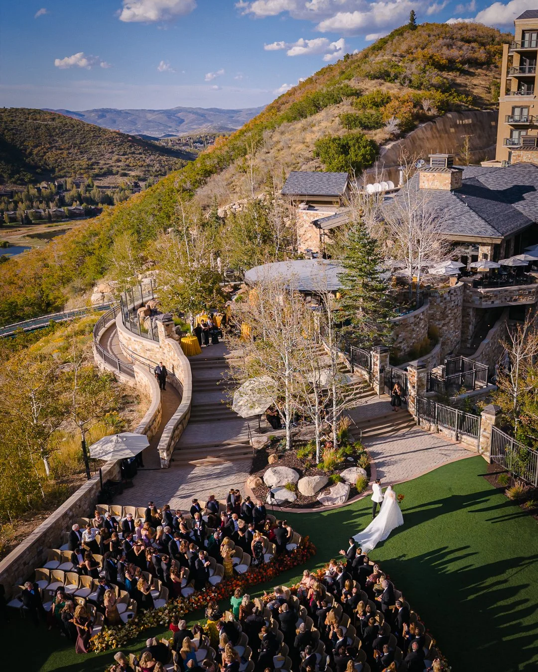 Aerial view of a September black-tie destination wedding ceremony at St. Regis Deer Valley in Park City, Utah, planned by Michelle Leo Events.