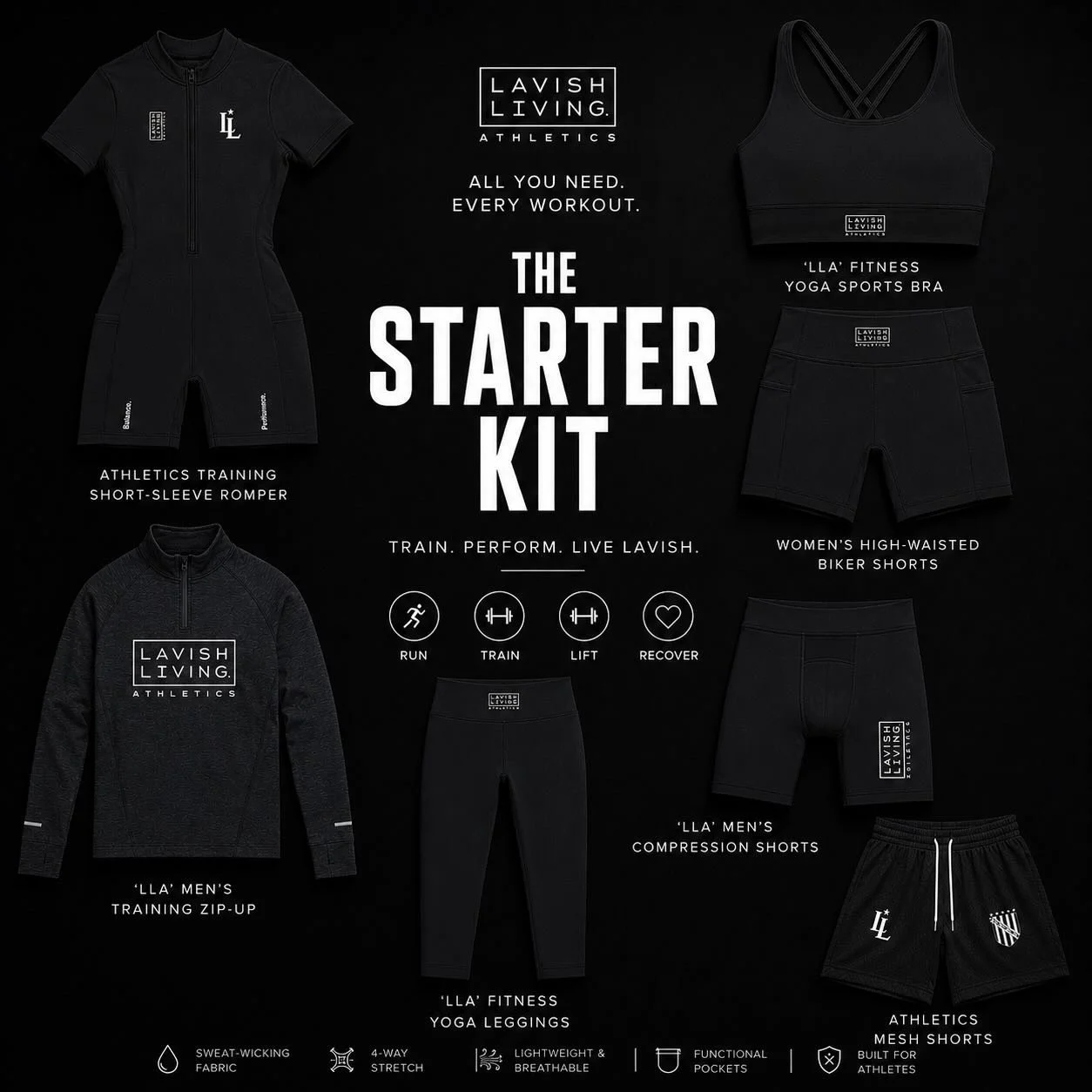 New drop: THE STARTER KIT. Everything your run club or ride crew needs &mdash; sweat-wicking, 4-way stretch, built to move. Run. Train. Lift. Recover. 🖤 Link in bio. #runclub #cycling #fitness #lavishlivingathletics #performance