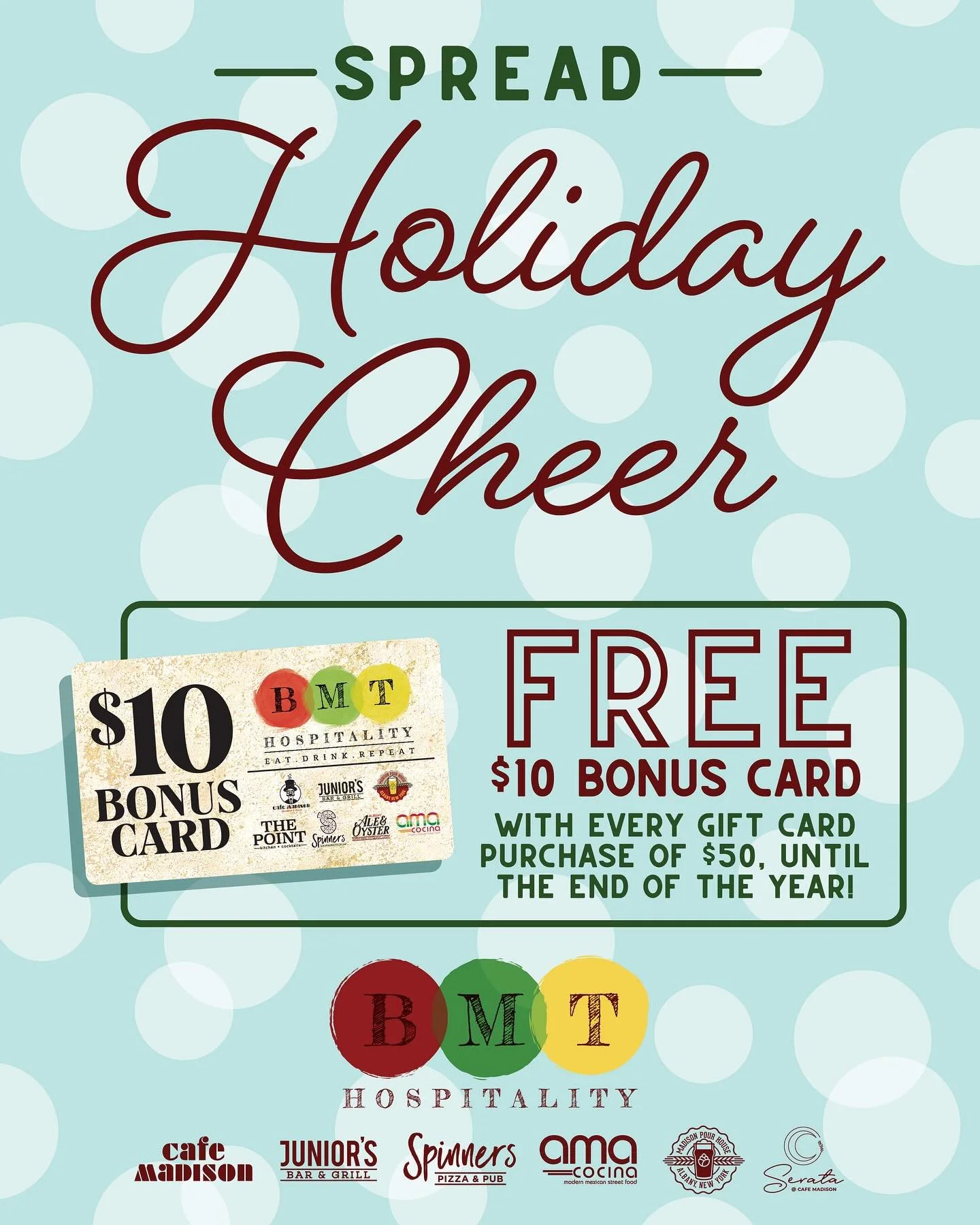 Last minute gift idea! Buy $50 BMT Hospitality Gift Card, and get a $10 Bonus Gift Card FREE! Available in all BMT Hospitality restaurants! ๐๐๐ฎ๐ฅ