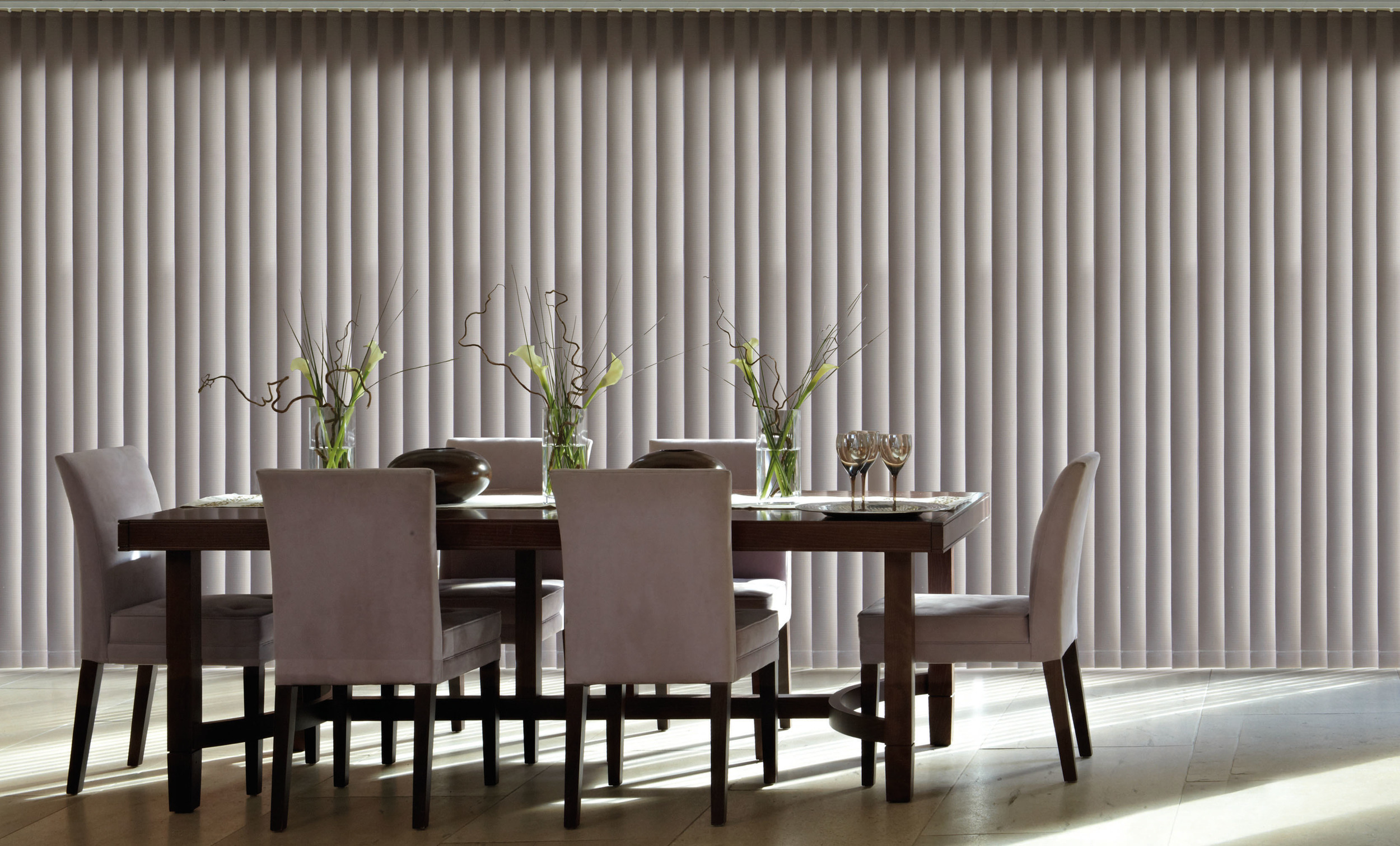   Vertical Blinds    With PVC SLATS   No Chains, Hard Wearing, Easy to Clean and Blackout   Learn More  