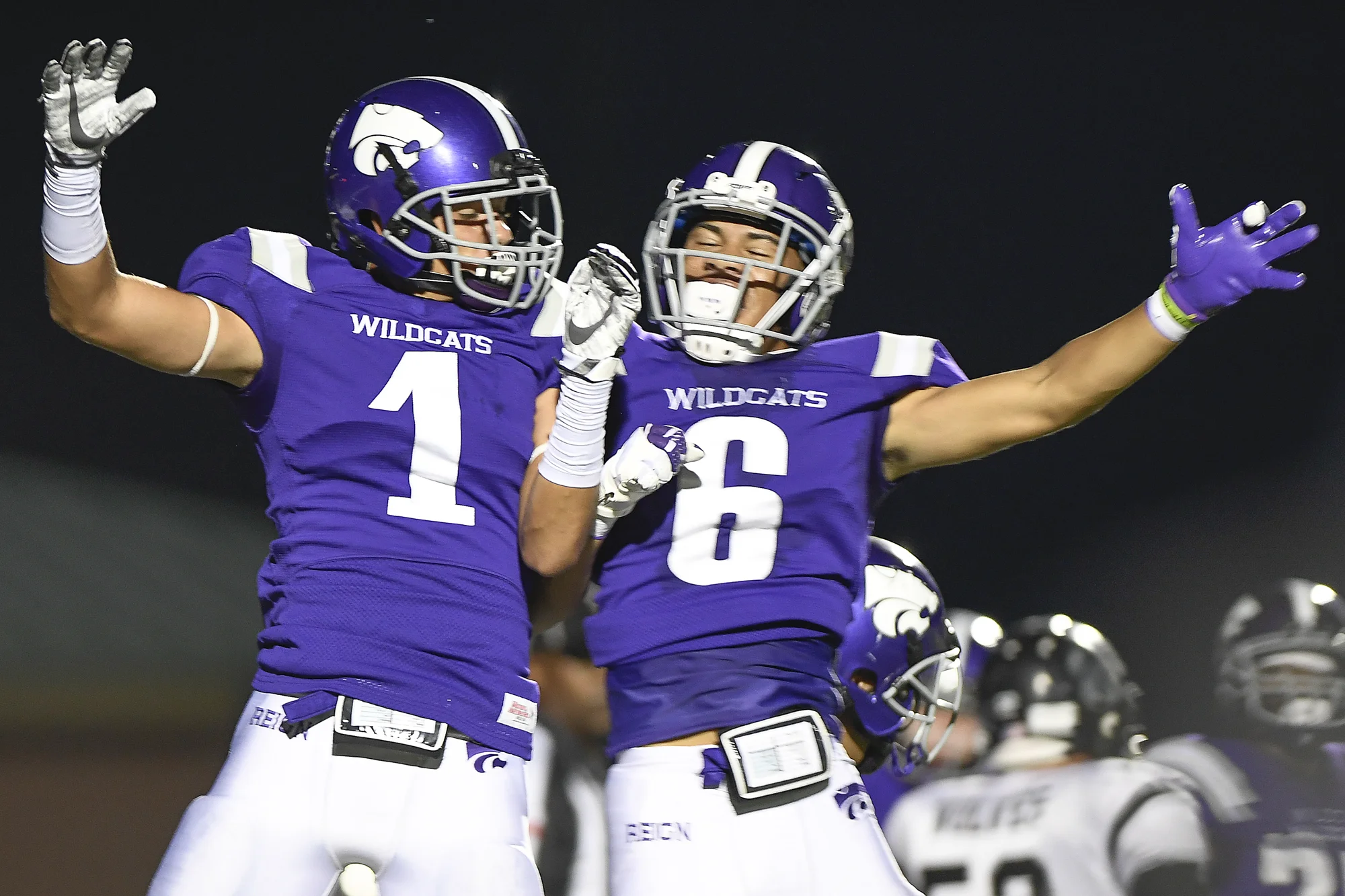  Angleton’s Cameron Dilworth, left, and Jason Williams celebrate after scoring against Westside at Wildcat Stadium in Angleton, Texas on Friday, Spet. 22, 2017. 