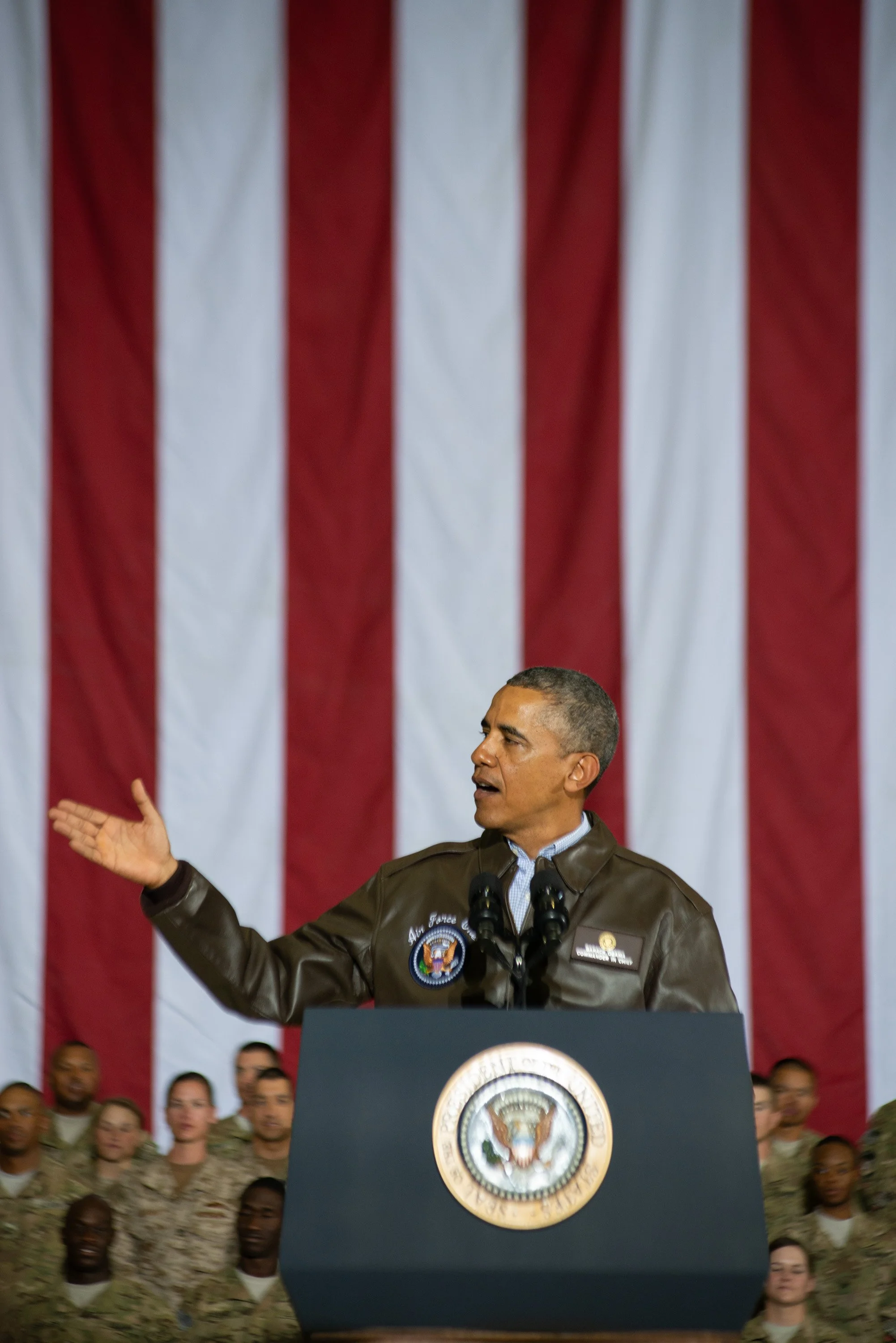  President Barack Obama speaking during a troop rally after arriving at Bagram Air Field, Afghanistan for an unannounced on Sunday, May 25, 2014. 