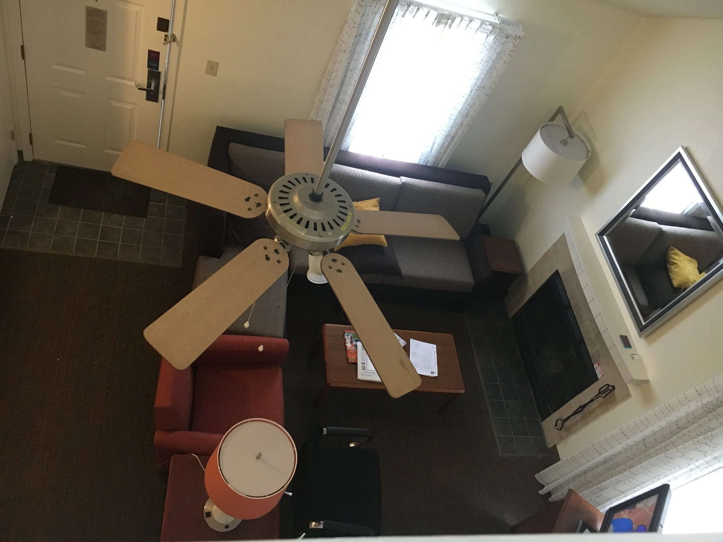 The view into the living area from the mezanine level. I took this image kneeling on the bed that was supposedly for Judah & MH. Judah tried to jump over the wall to the floor below!! Time to check out!!