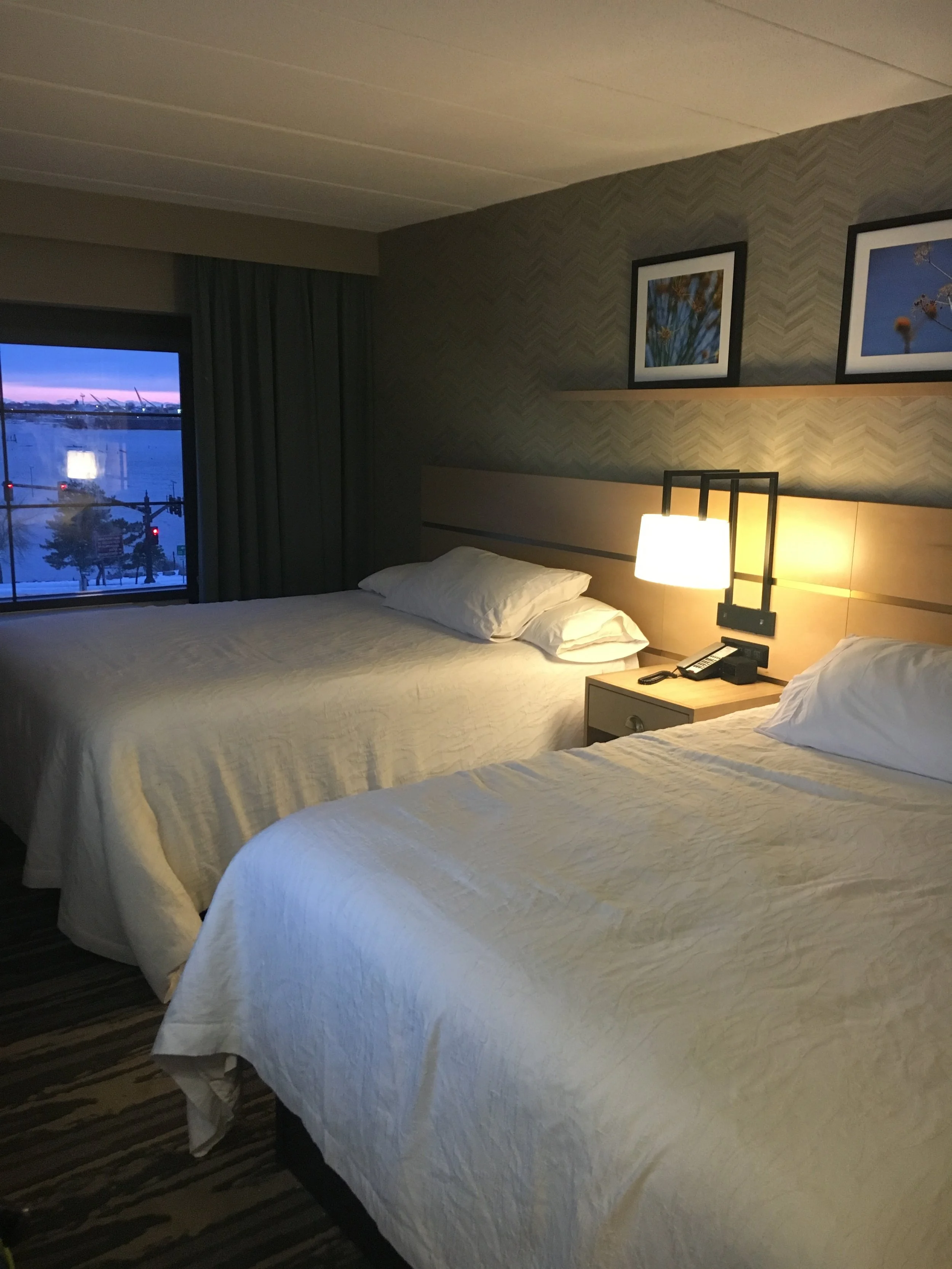 The Hilton Garden City in Providence. They only had a single room available so we lived quarantined with our chicken pox in here.