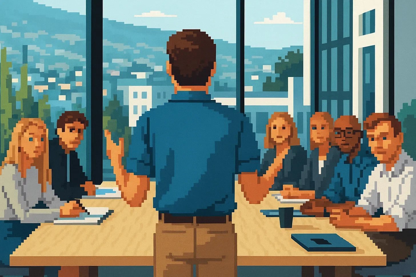 Man presenting to a table of people