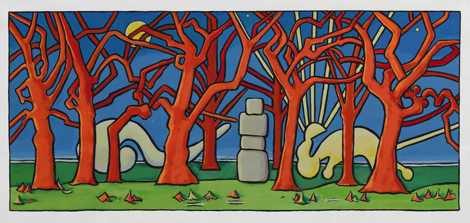 Stone Buddha in the Woods, 45" x 94", gouache, 2015