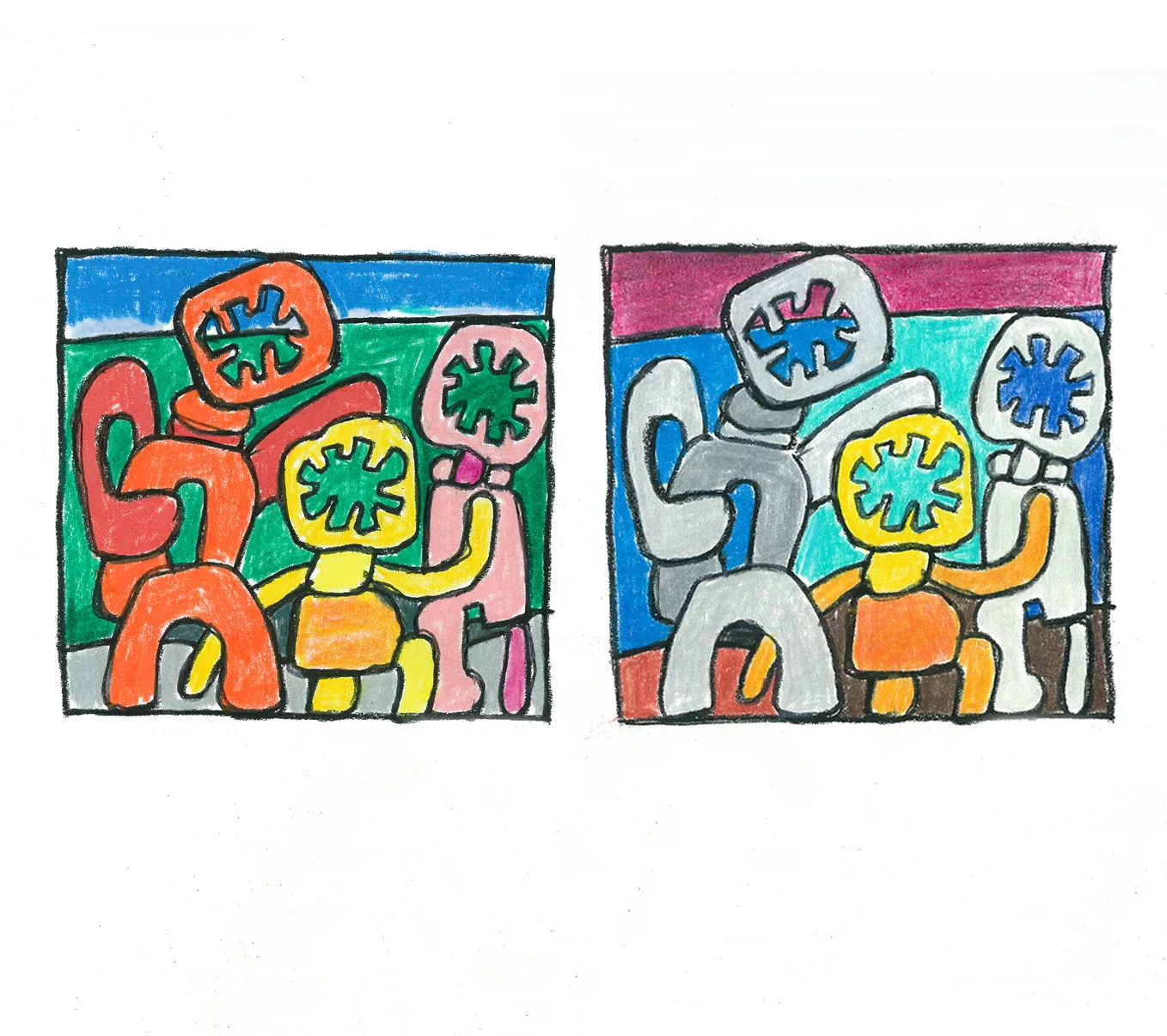 Three Figures , two studies, colored pencil, 2014